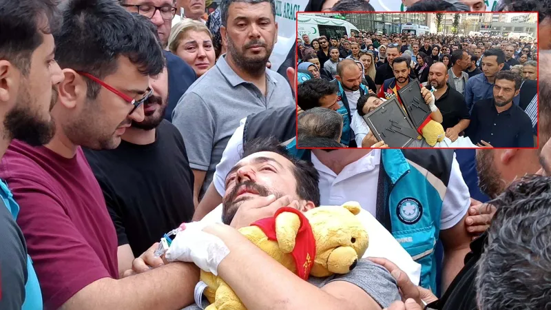Eşi ve 2 çocuğunu kazada kaybetmişti... Cenaze törenine sedyeyle getirildi, evlatlarının peluş bebeklerine sarıldı